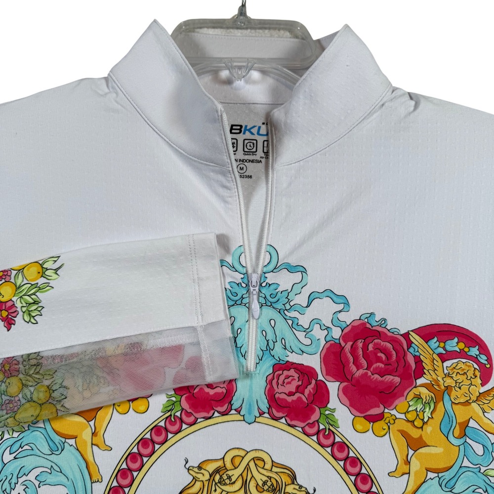 NEW IBKÜL Mock Neck Top Womens Medium White Lala Watermelon Multi Medusa Zip